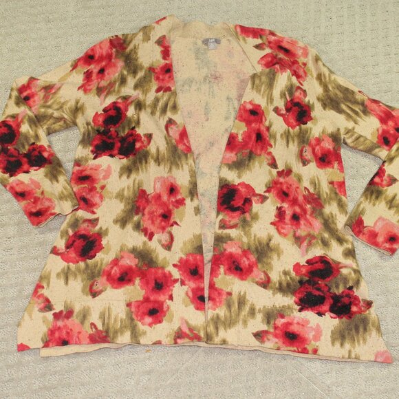 J Jill Women's Small Tan with Poppies Long Cardigan - Picture 1 of 5